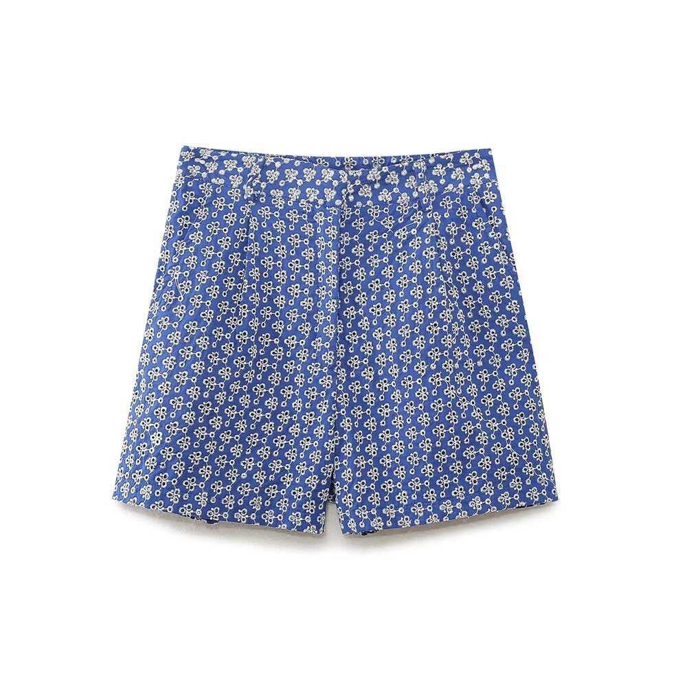 Orla | Summer Floral Tailored Shorts Blue High Waisted