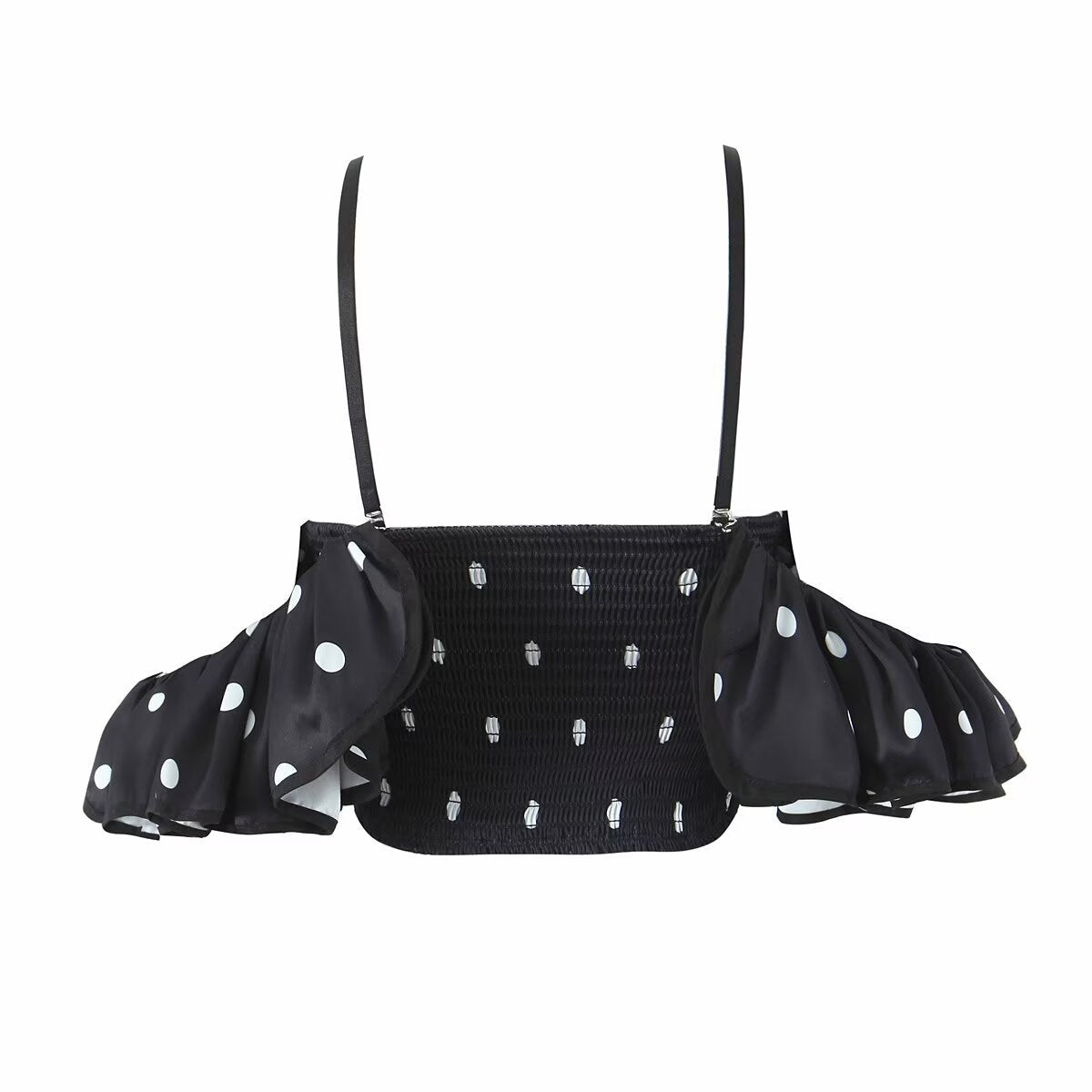 Celeste | Off Shoulder Top Black Satin Crop Polka Dot Ruched