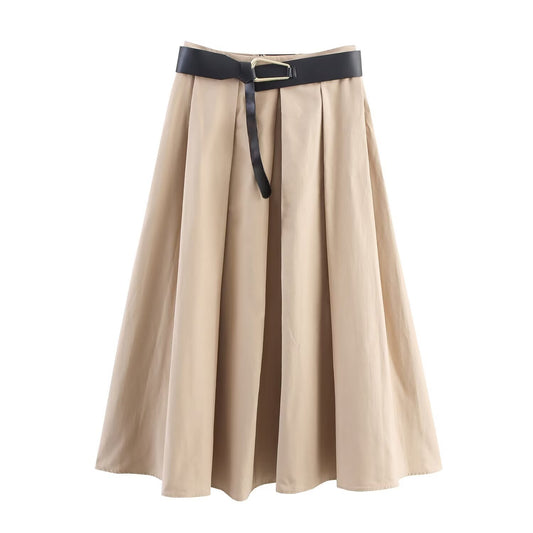 Nola | Elegant Pleated Midi Skirt Beige Belted A Line Tailored
