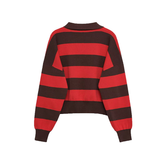 Phoebe | Red Cosy Striped Knit Polo Jumper