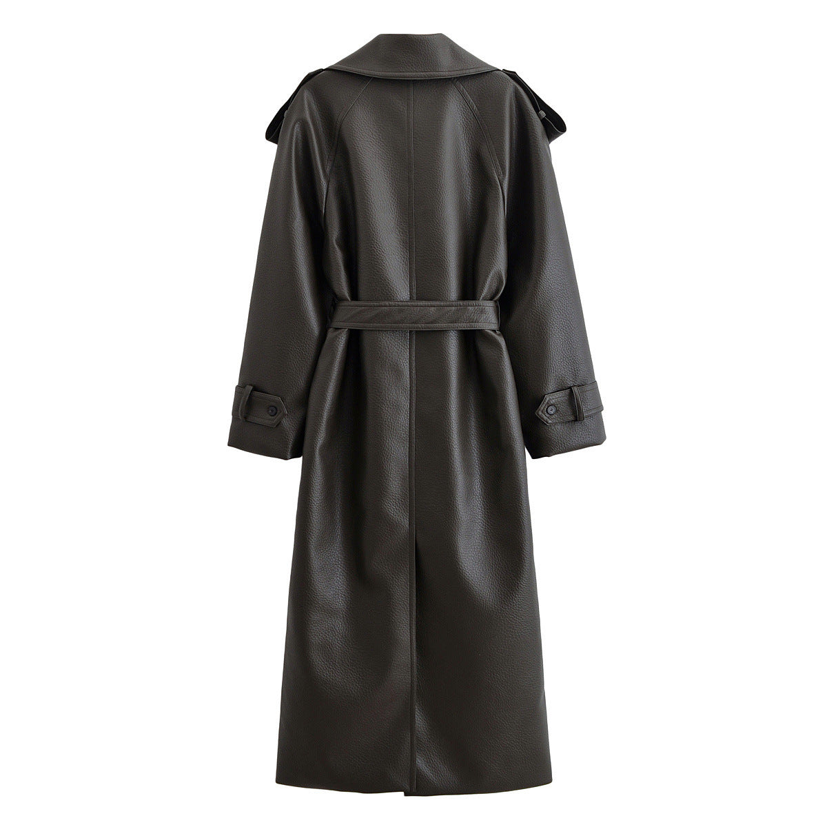 Neve | Elegant Belted Faux Leather Coat Black Long