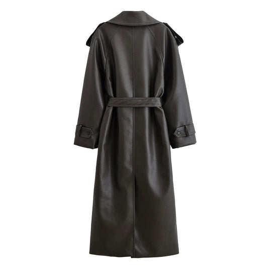 Neve | Elegant Belted Faux Leather Coat Black Long