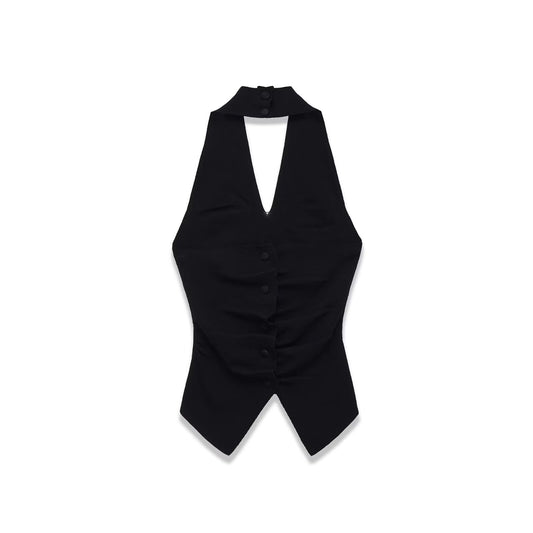 Viola | Elegant Halter Neck Top Black Ruched V Neck Cut Out