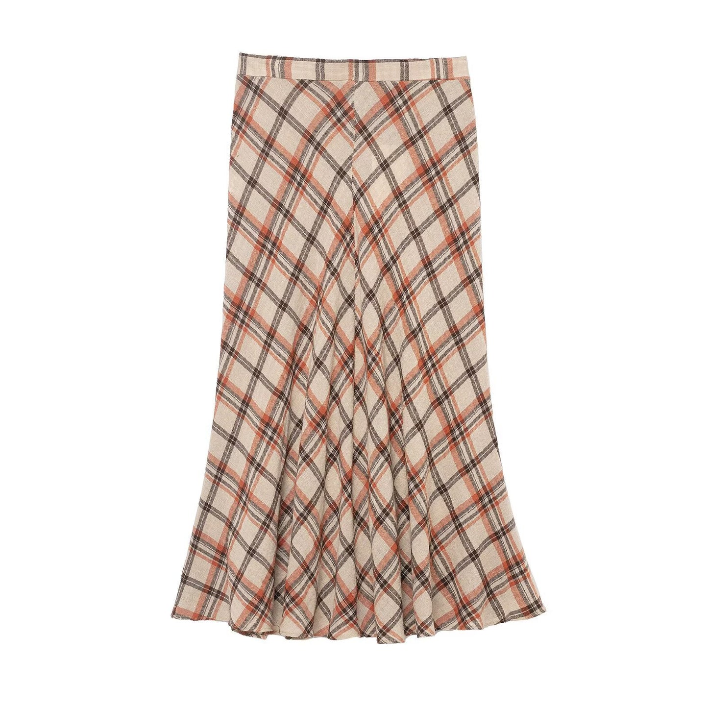 Faye | Plaid A Line Midi Skirt Beige Flared