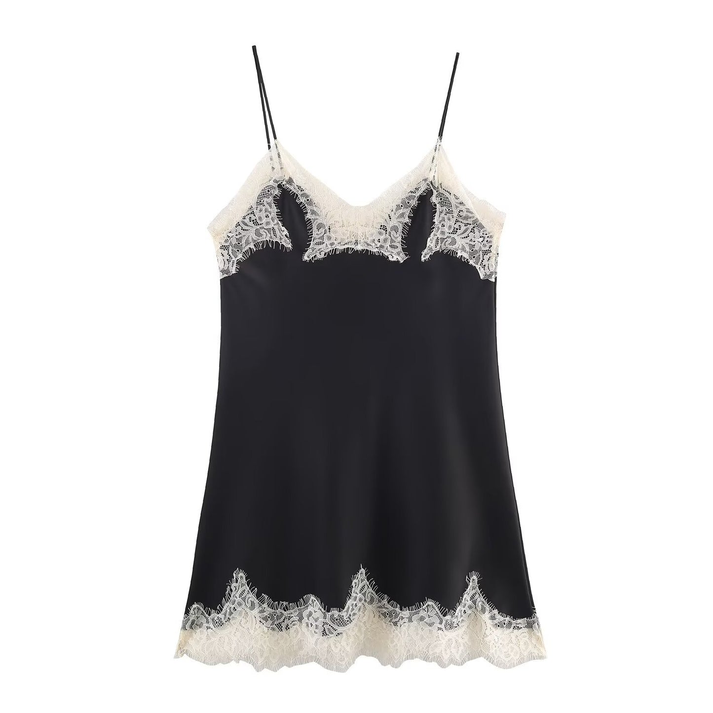 Sable | Elegant Lace Cami Top Satin Black Cream Trim
