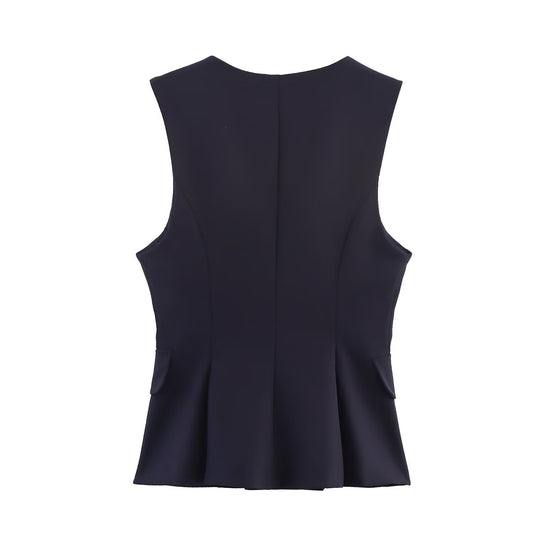 Margot | Peplum Top Navy Sleeveless V Neck Fitted Cardigan