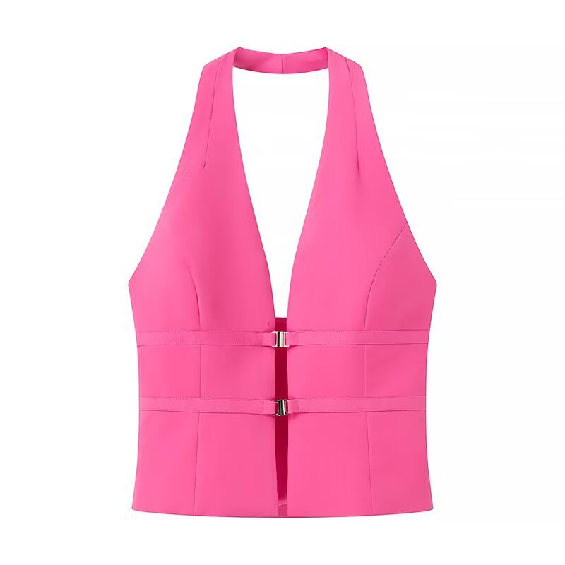 Margot | Halter Top Pink Fitted Deep V Neck