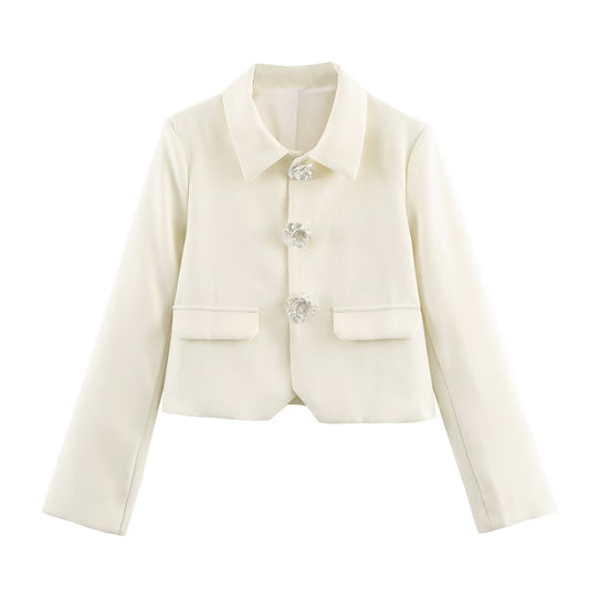 Vera | Cropped Blazer Cream Collared Button Front