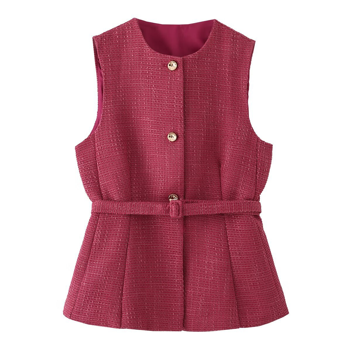 Vera | Sleeveless Tweed Peplum Cardigan Burgundy Belted