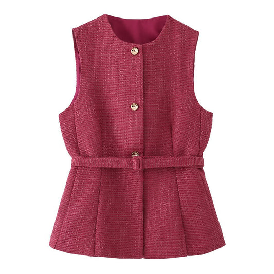 Vera | Sleeveless Tweed Peplum Cardigan Burgundy Belted
