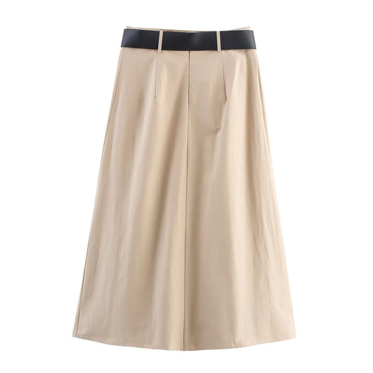 Nola | Elegant Pleated Midi Skirt Beige Belted A Line Tailored