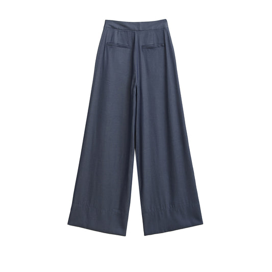 Margot | Wide Leg Linen Pants Navy High Waisted Button Detail