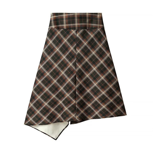 Briar | Autumn Asymmetric Midi Skirt Brown Check A Line