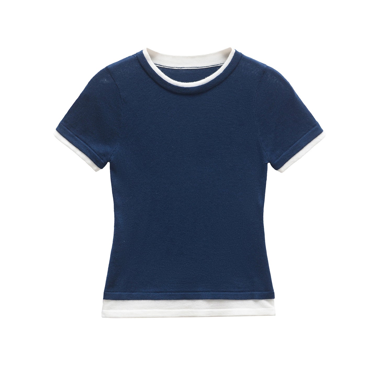 Thea | Cropped Fitted T Shirt Navy White Trim