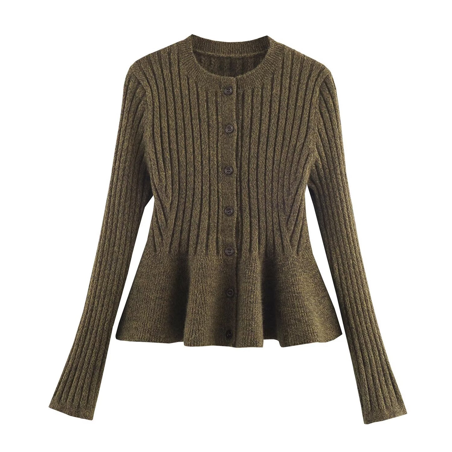 Arden | Knitted Cardigan Khaki Long Sleeve Peplum Ribbed Button Front