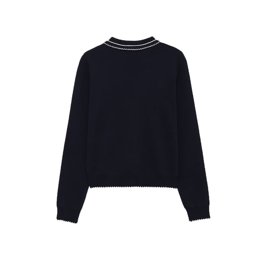 Ines | Peter Pan Collar Blouse Navy Long Sleeve Knitted