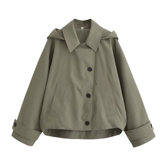 Margot | Cropped Rain Jacket Sage Green Hooded Button Up