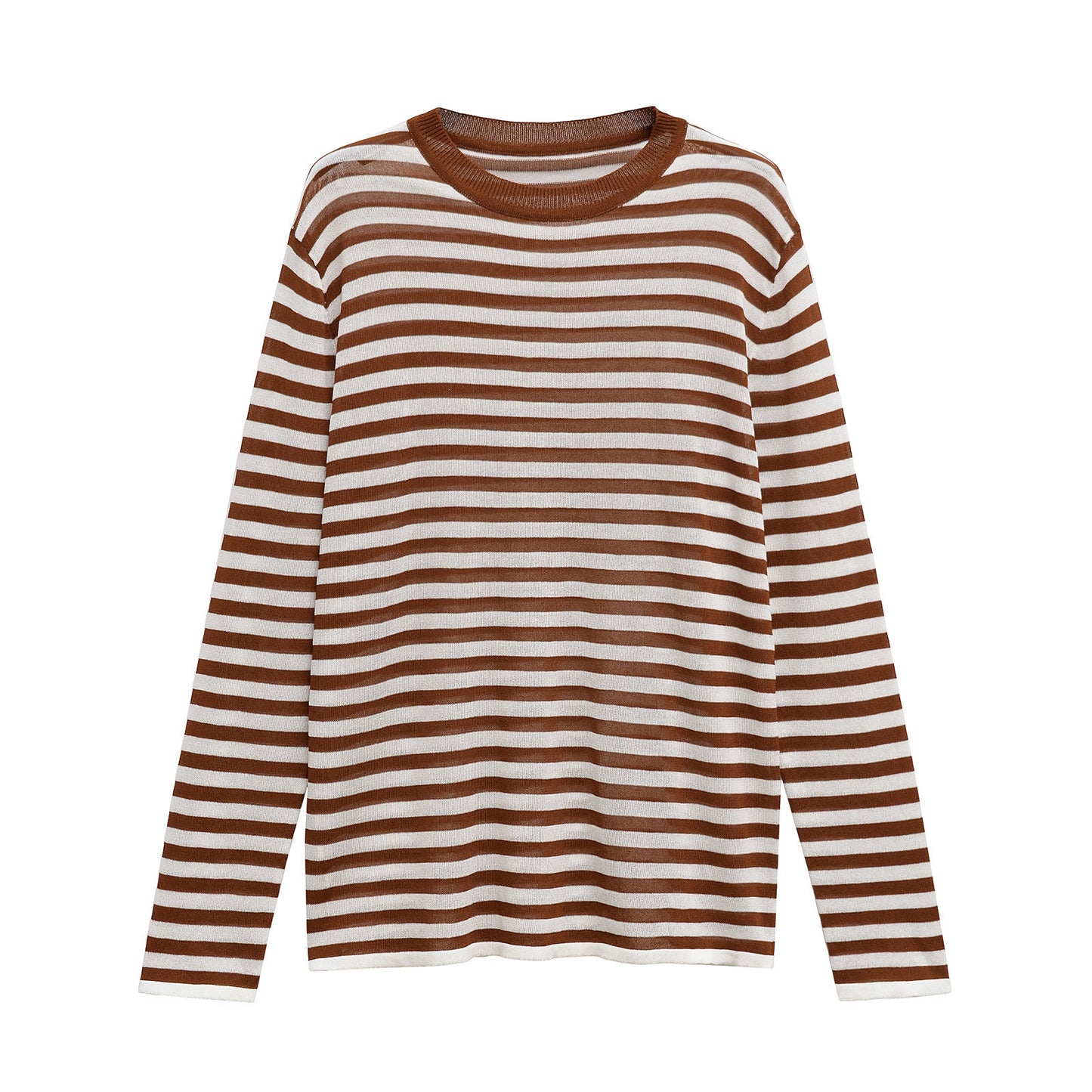 Vera | Striped Long Sleeve Top Brown White Crew Neck