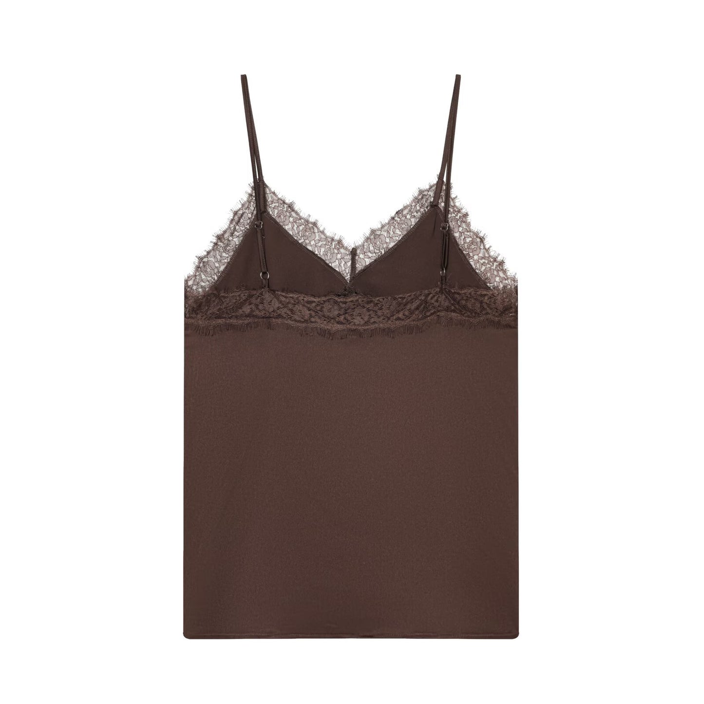 Mila | Elegant Cami Top Brown Satin Lace Trim V Neck