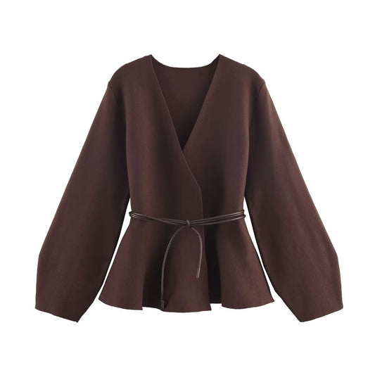 Margot | Wrap Blouse Brown Long Sleeve Peplum Belted