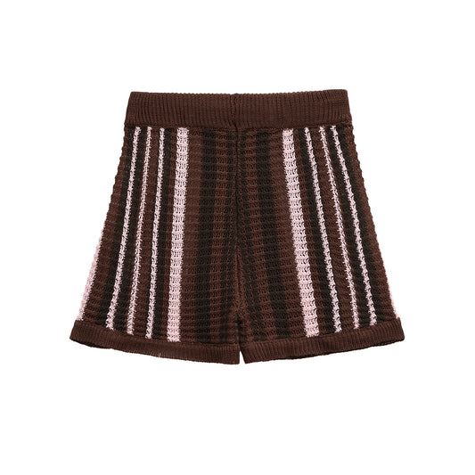 Margot | Ribbed Crochet Shorts Brown Striped High Waisted