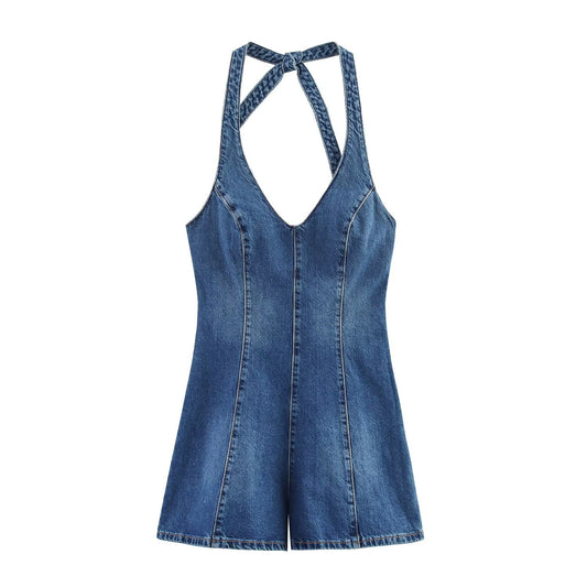 Lire | Casual Halter Neck Denim Dress Blue Shorts