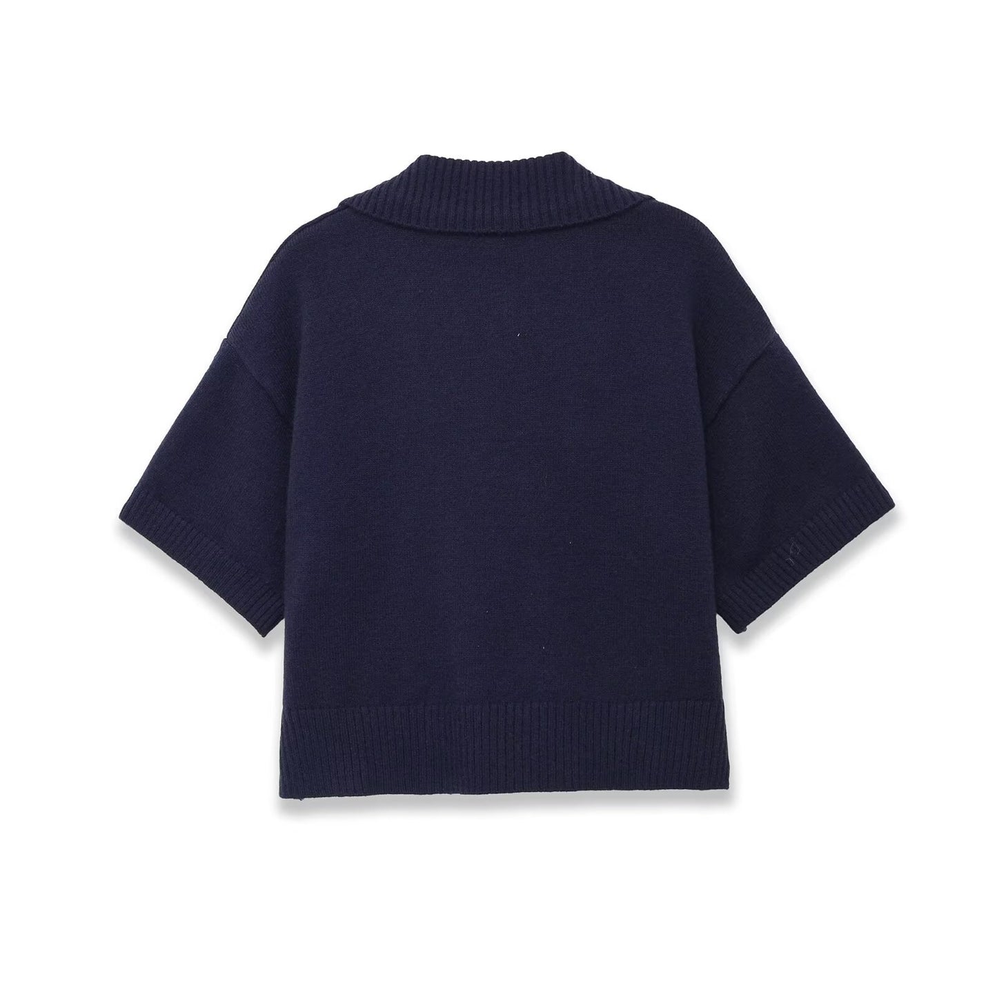 Iris | Navy Knitted Shirt Short Sleeve Collared Button Front Red Pockets
