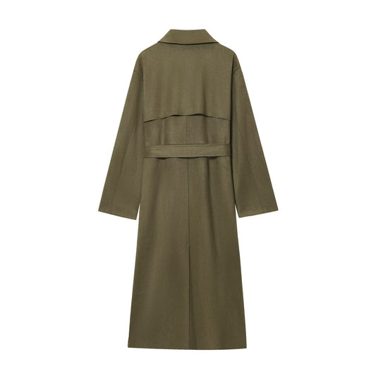 Ada | Elegant Longline Belted Coat Khaki Suede Effect