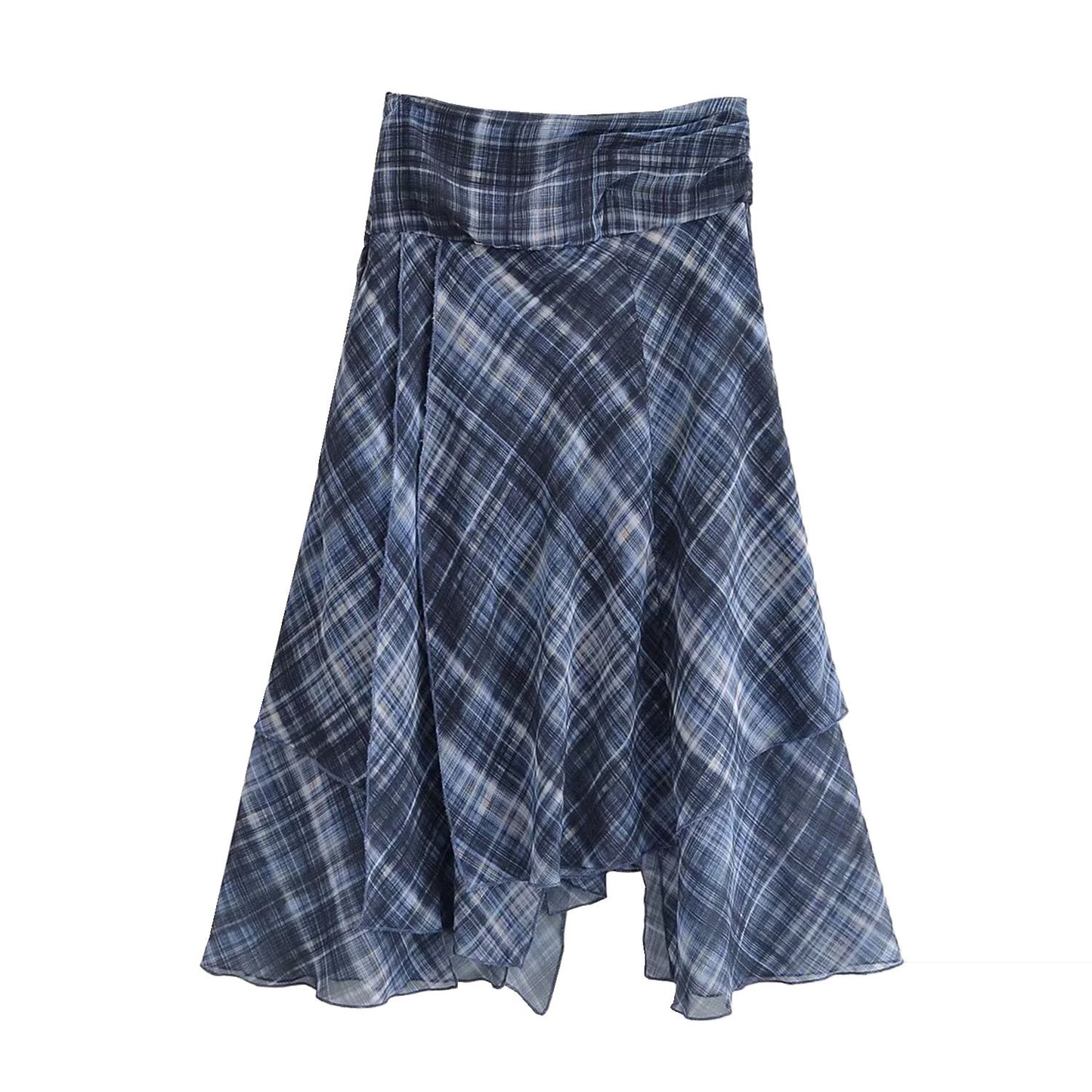 Yara | Midi Skirt Blue Check Asymmetric Hem Sheer Chiffon