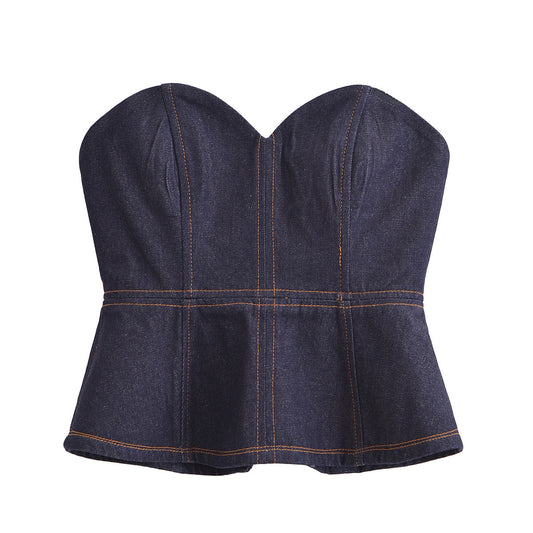 Faye | Strapless Corset Top Denim Navy Peplum Fitted Bustier