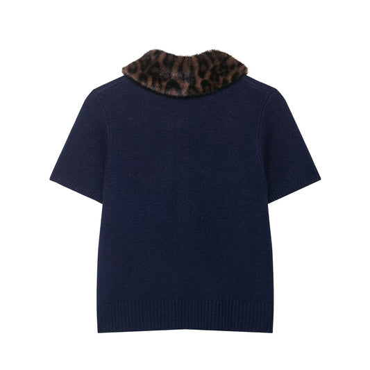 Vera | Cropped Button Up Sweater Navy Short Sleeve Faux Fur Collar