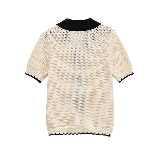 Ivy | Breathable Crochet Knit Short Sleeve Tie Front Polo