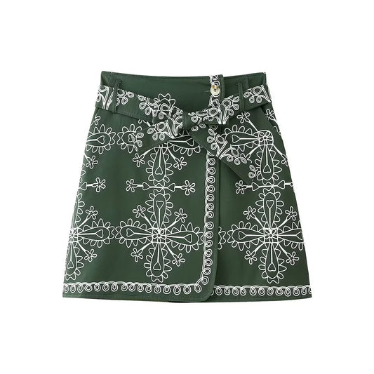 Freya | Mini Skirt Green Wrap Embroidered A Line