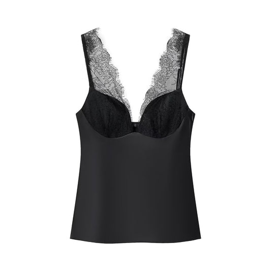 Fern | Elegant Lace Satin Cami Top Black V Neck Sleeveless