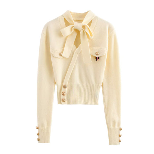 Vera | Tie Neck Button Blouse Navy Long Sleeve Cropped