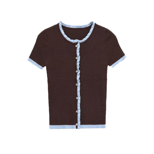 Iona | Brown Knitted Top Short Sleeve Button Front Crew Neck