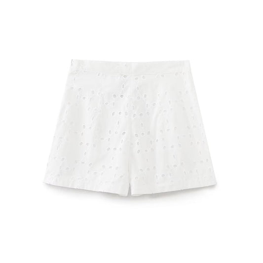 Thea | White Linen Shorts High Waisted Eyelet Embroidered