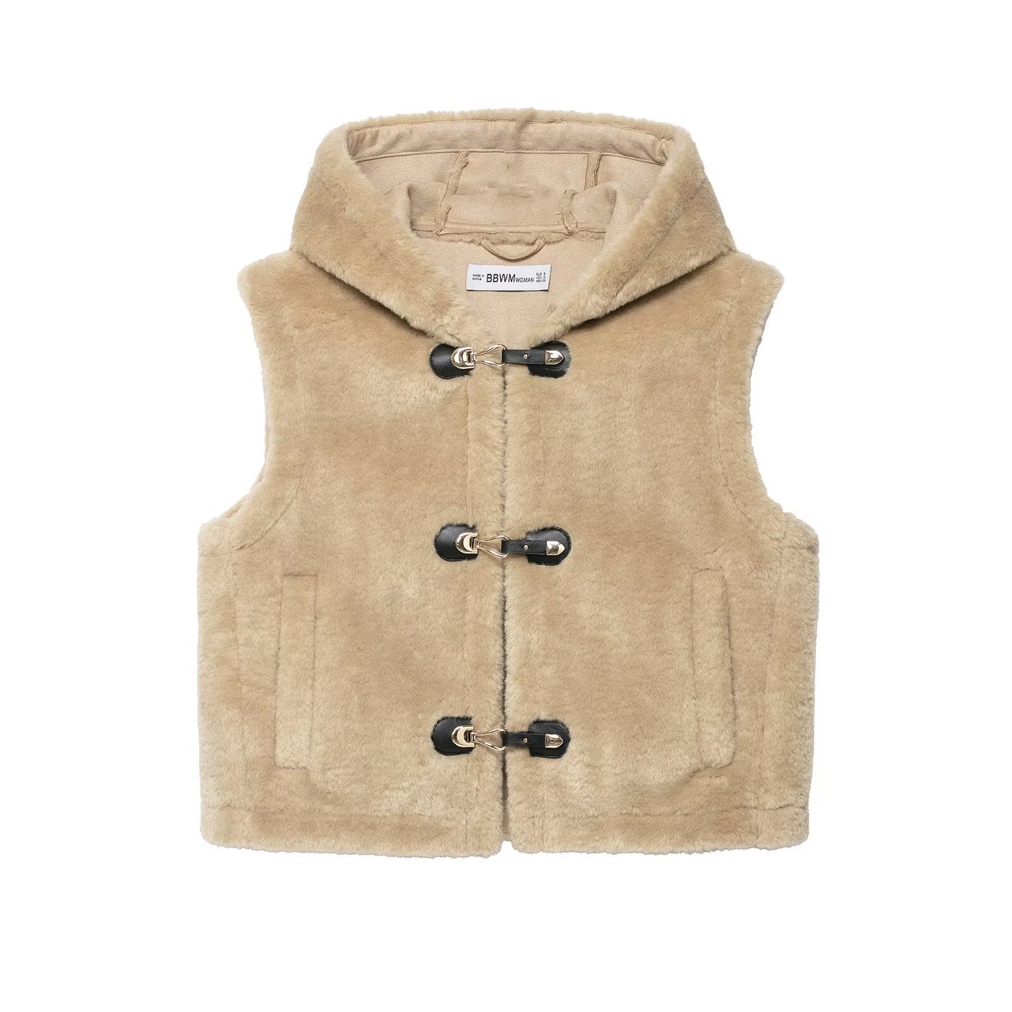 Margot | Sherpa Hooded Fleece Vest Beige Toggle Button