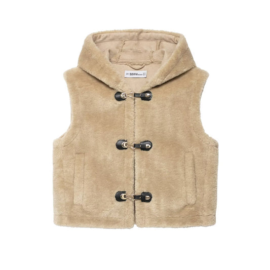 Margot | Sherpa Hooded Fleece Vest Beige Toggle Button