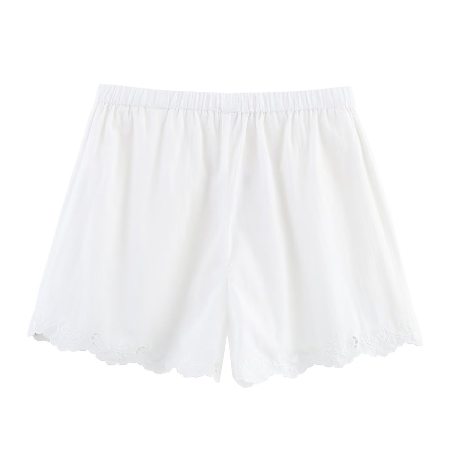 Thea | White Linen Shorts High Waisted Eyelet Scallop Hem
