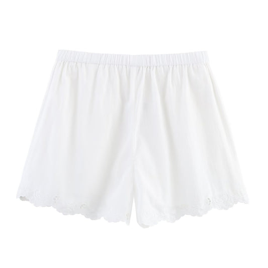 Thea | White Linen Shorts High Waisted Eyelet Scallop Hem