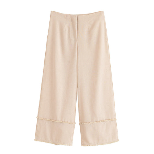 Vera | Wide Leg Cropped Pants Cream High Waisted Raw Hem