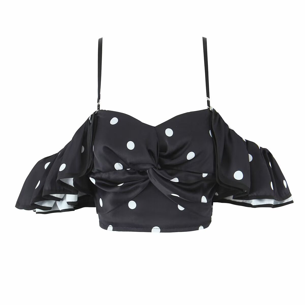 Celeste | Off Shoulder Top Black Satin Crop Polka Dot Ruched