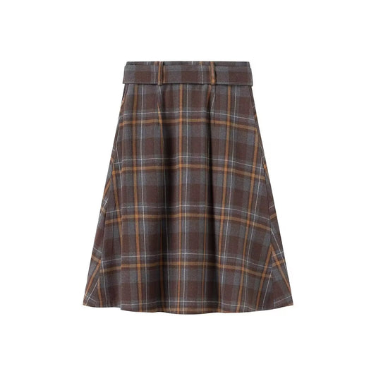 Hazel | Autumn Check Midi Skirt Brown Pleated Belted High Waisted