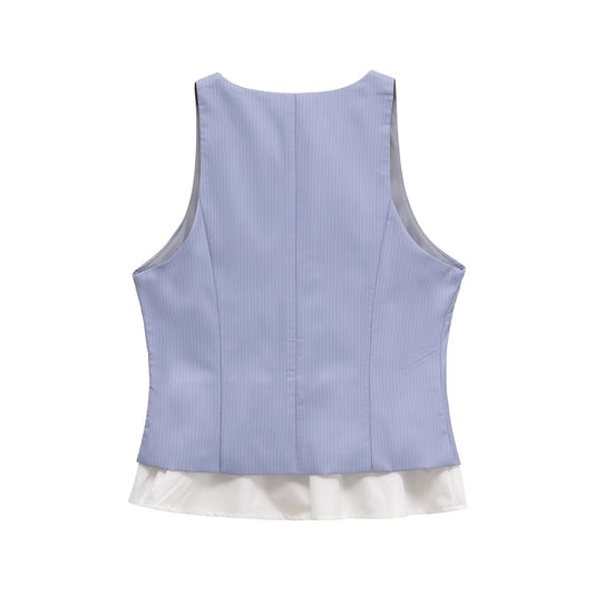 Noa | Smart Casual Vest Top Blue Ribbed Sleeveless Button Front V Neck