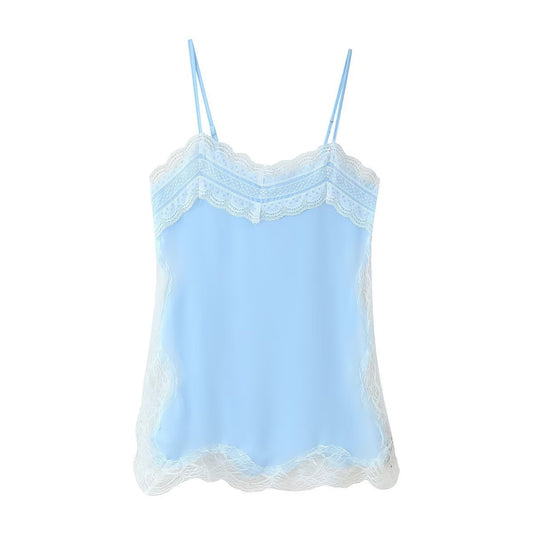 Lena | Satin Cami Top Light Blue Lace Trim