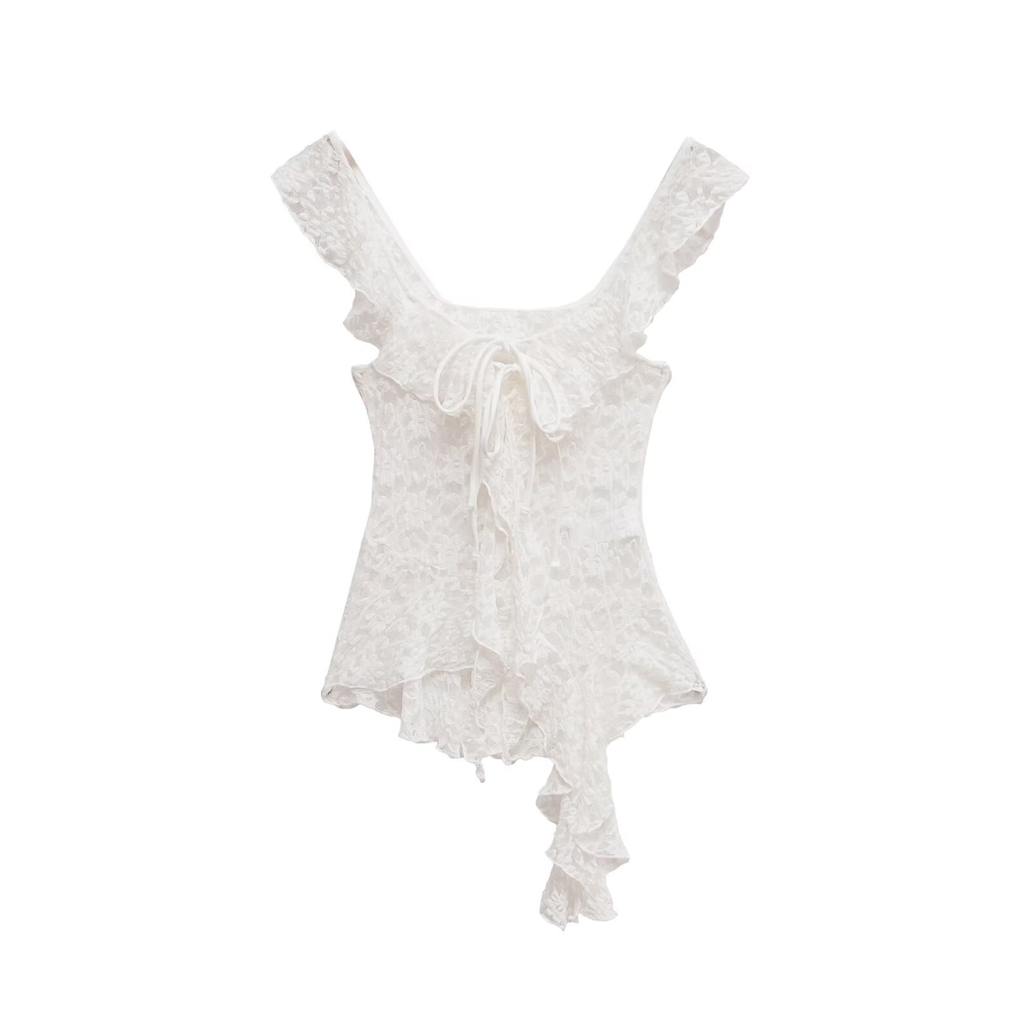Etta | Square Neck Lace Top White Ruffle Tie Front Sheer