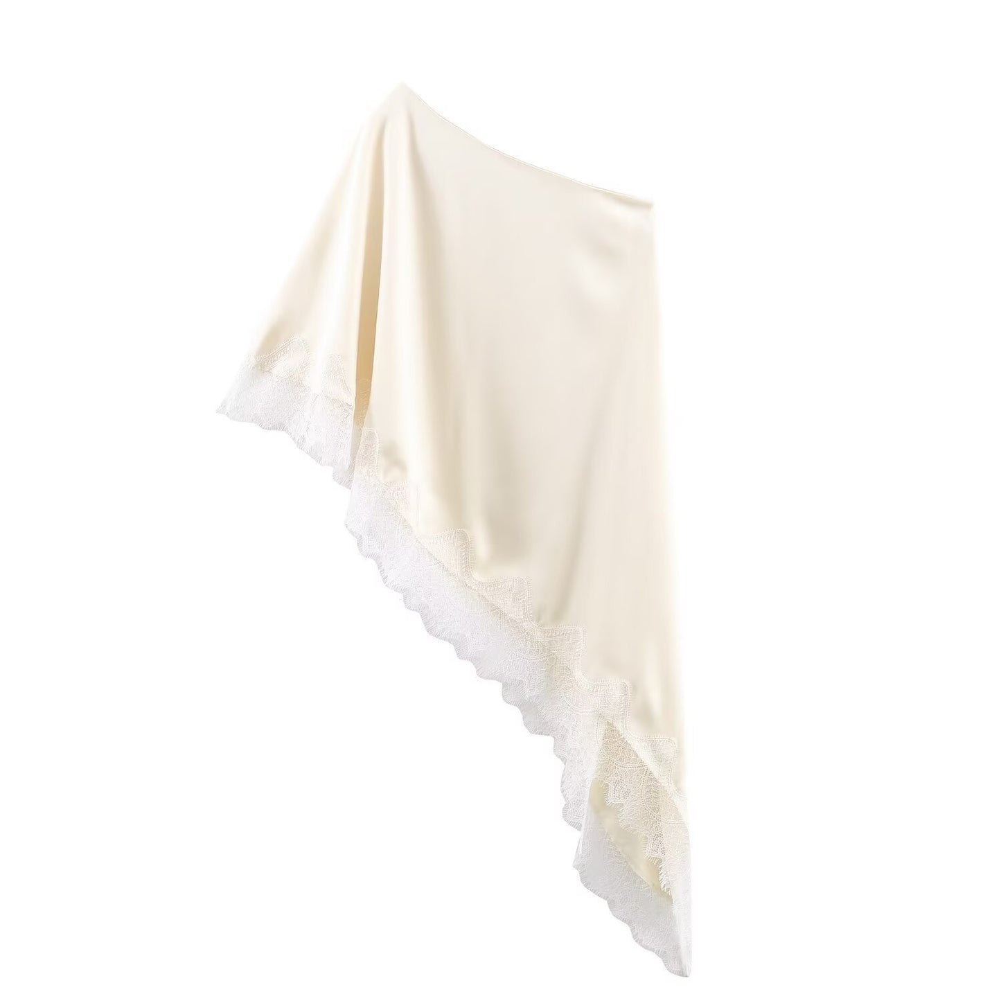 Tallulah | One Shoulder Top Cream Satin Lace Trim Asymmetric