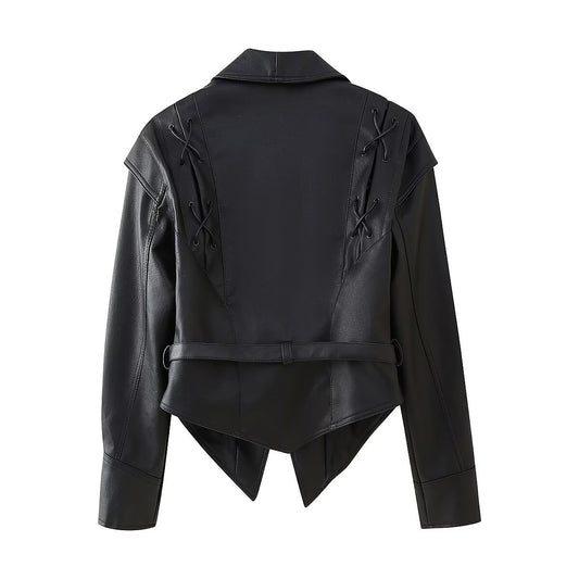 Nola | Faux Leather Jacket Black Belted Lace Up Long Sleeve