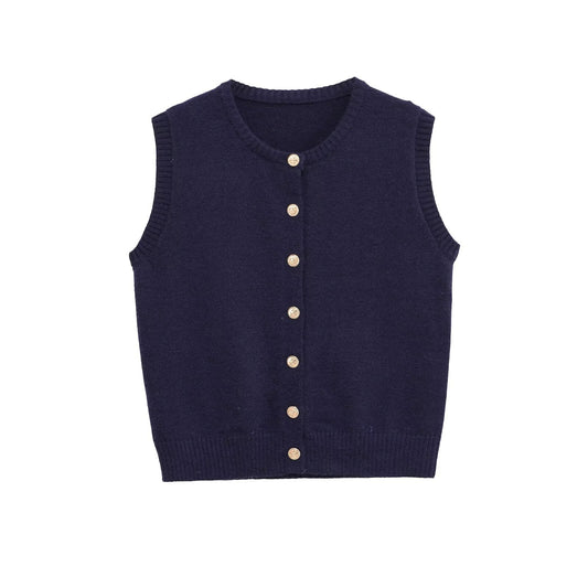Margot | Cropped Ribbed Knit Cardigan Navy Button Front